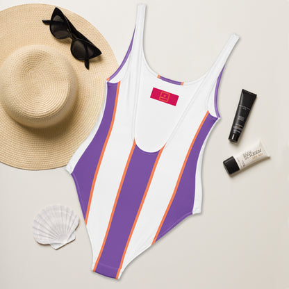 Sunset Stripes one-piece swimsuit with purple & white stripes