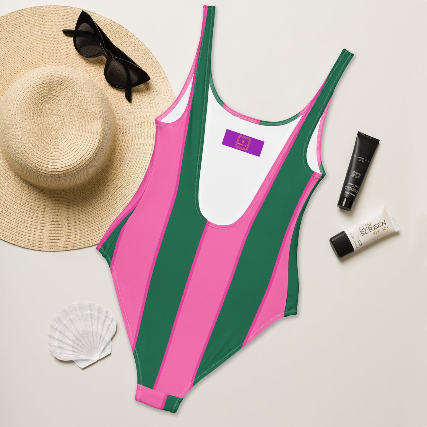 Watermelon striped one-piece swimsuit in pink & green