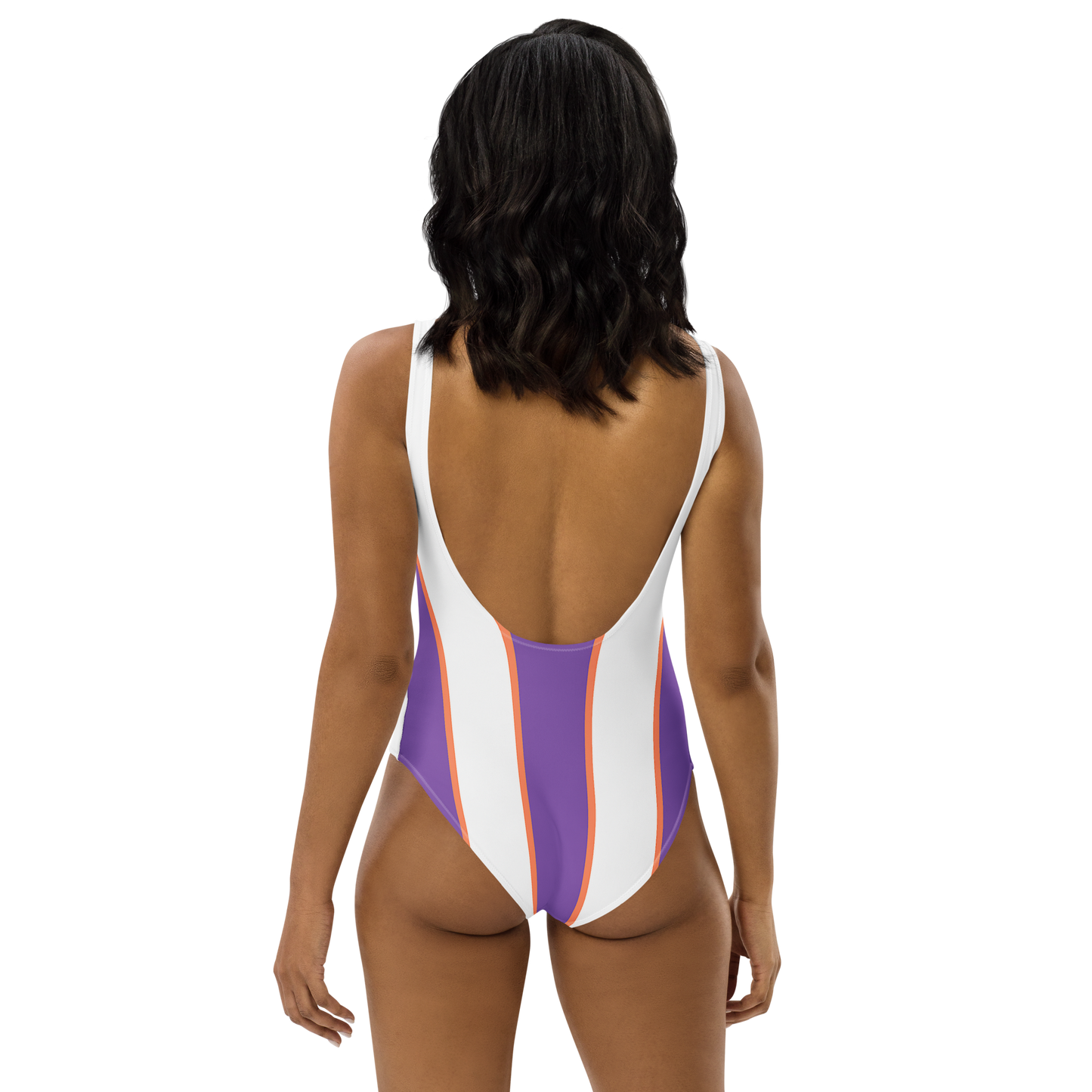 Sunset Stripes one-piece swimsuit with purple & white stripes