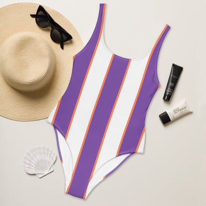 Sunset Stripes one-piece swimsuit with white & purple stripes