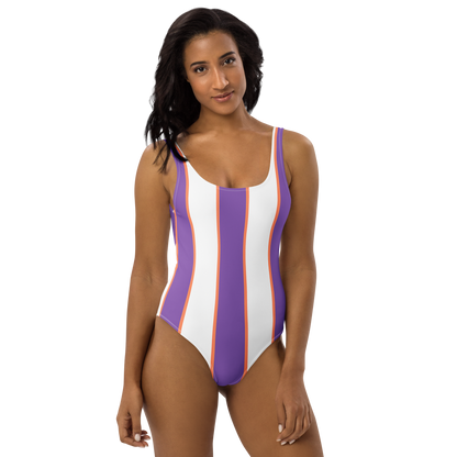Sunset Stripes one-piece swimsuit with purple & white stripes