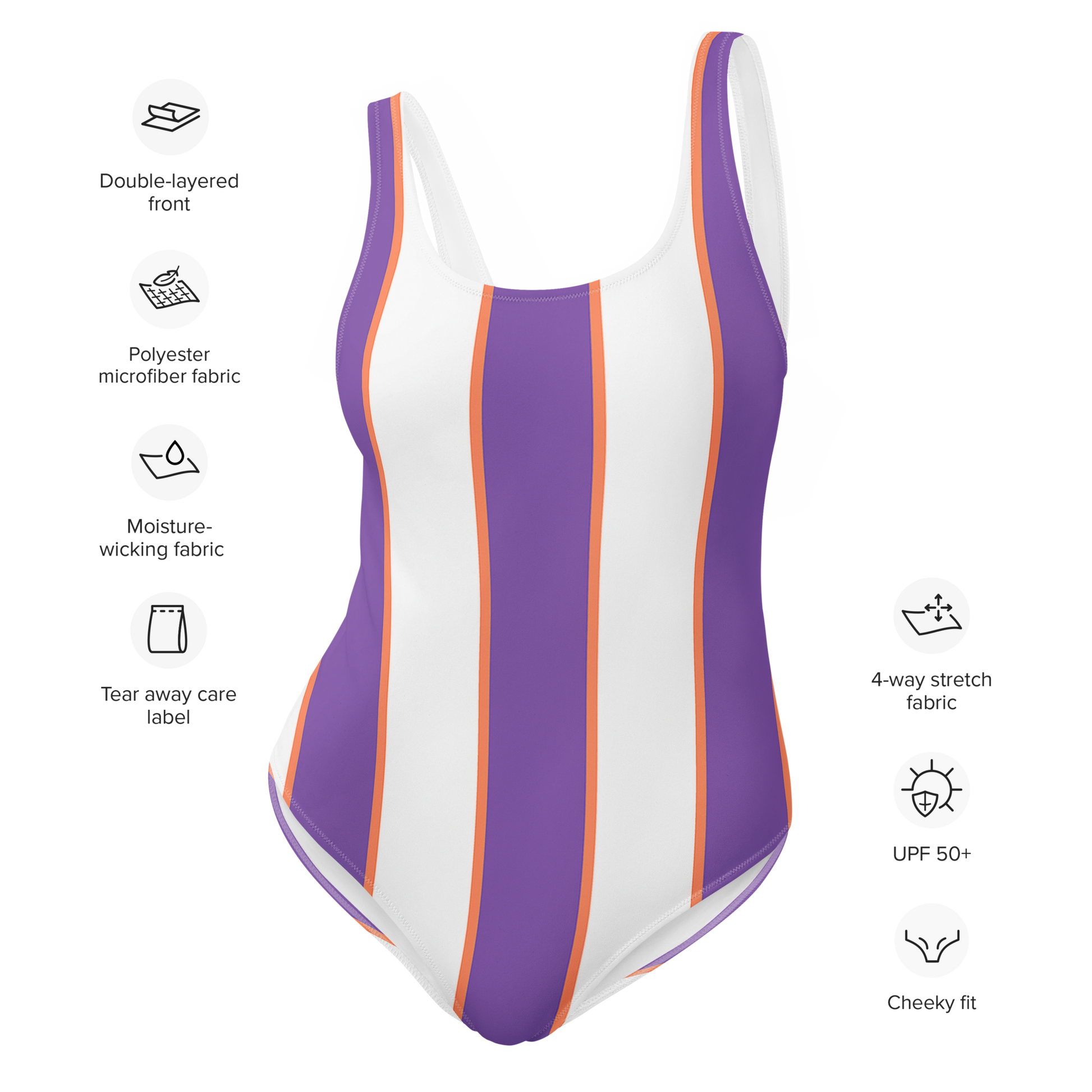 Sunset Stripes one-piece swimsuit with purple & white stripes