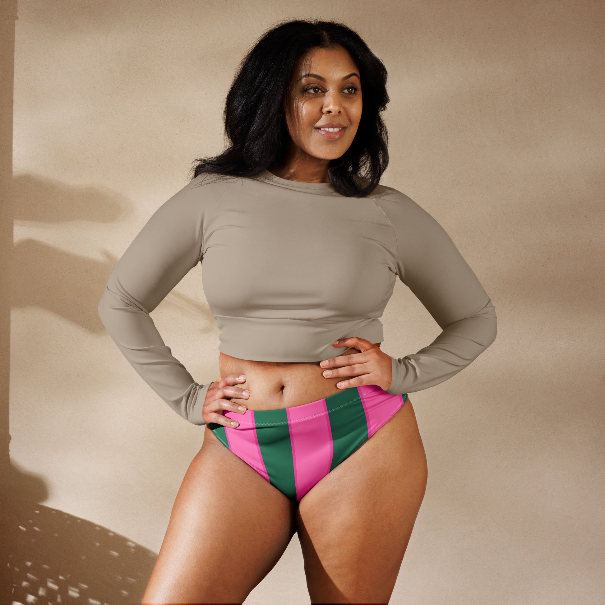 Watermelon high-waisted bikini bottom in pink & green stripes