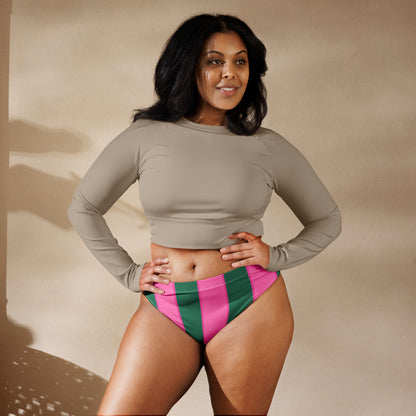 Watermelon high-waisted bikini bottom in pink & green stripes