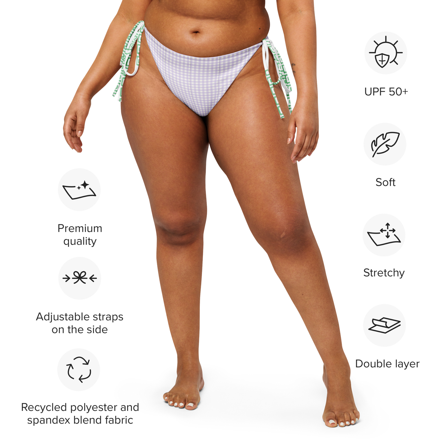 Lavender gingham tie-side bikini bottom