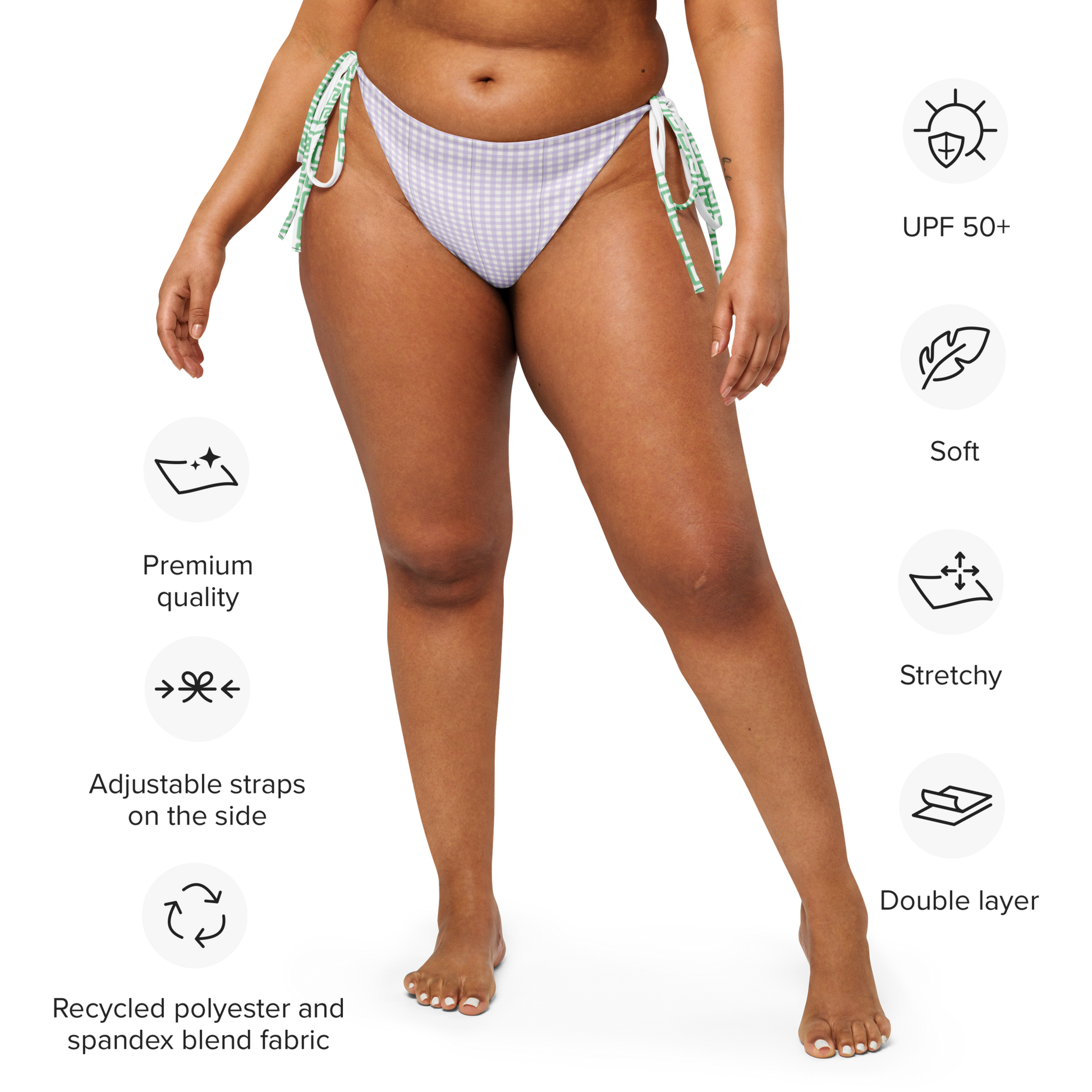 Lavender gingham tie-side bikini bottom