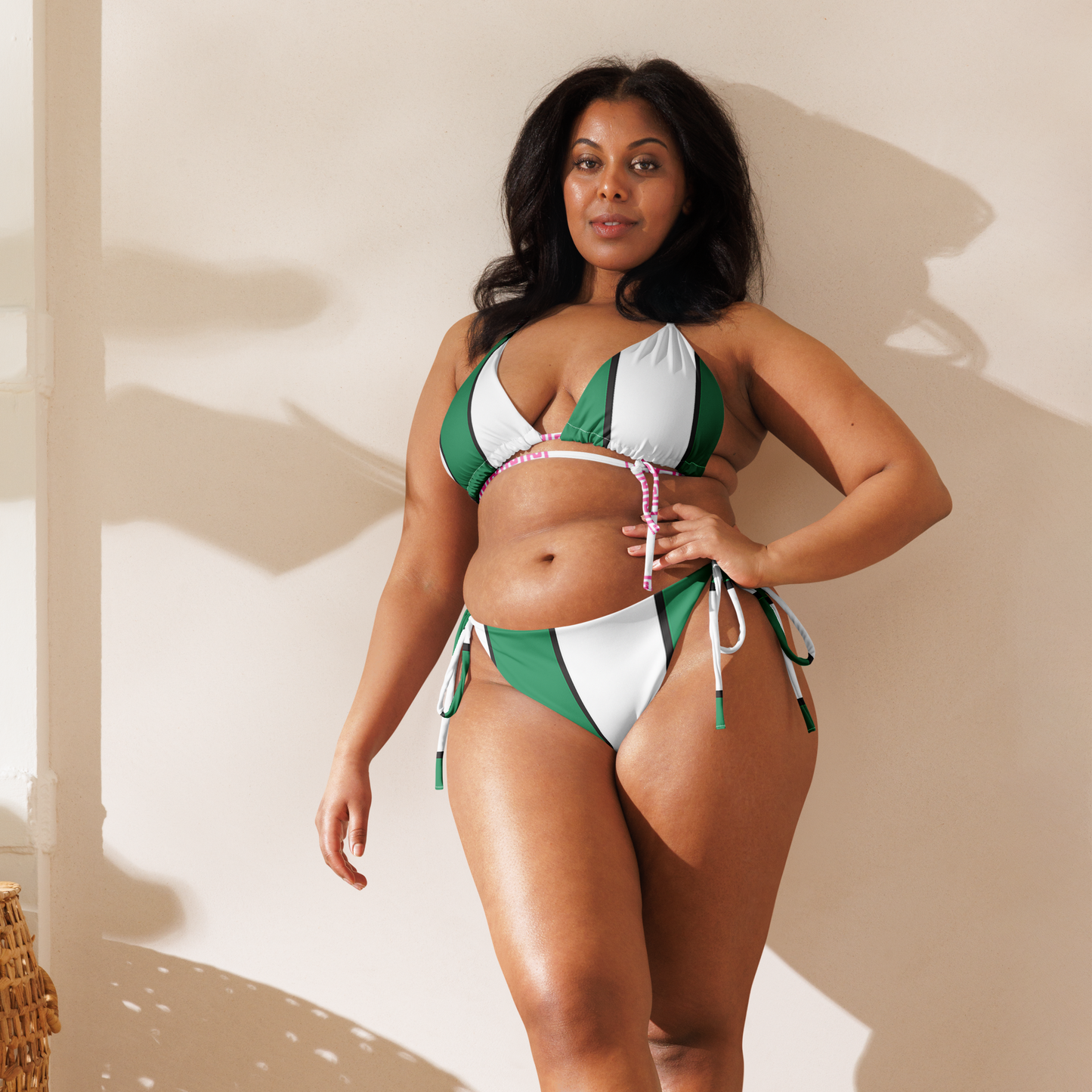 Mediterranean Sunset string bikini in green & white stripes