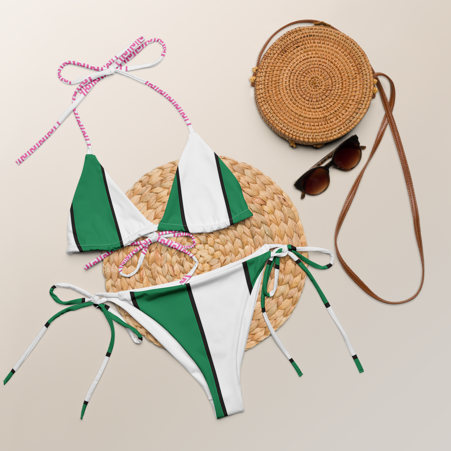 Mediterranean Sunset string bikini in green & white stripes