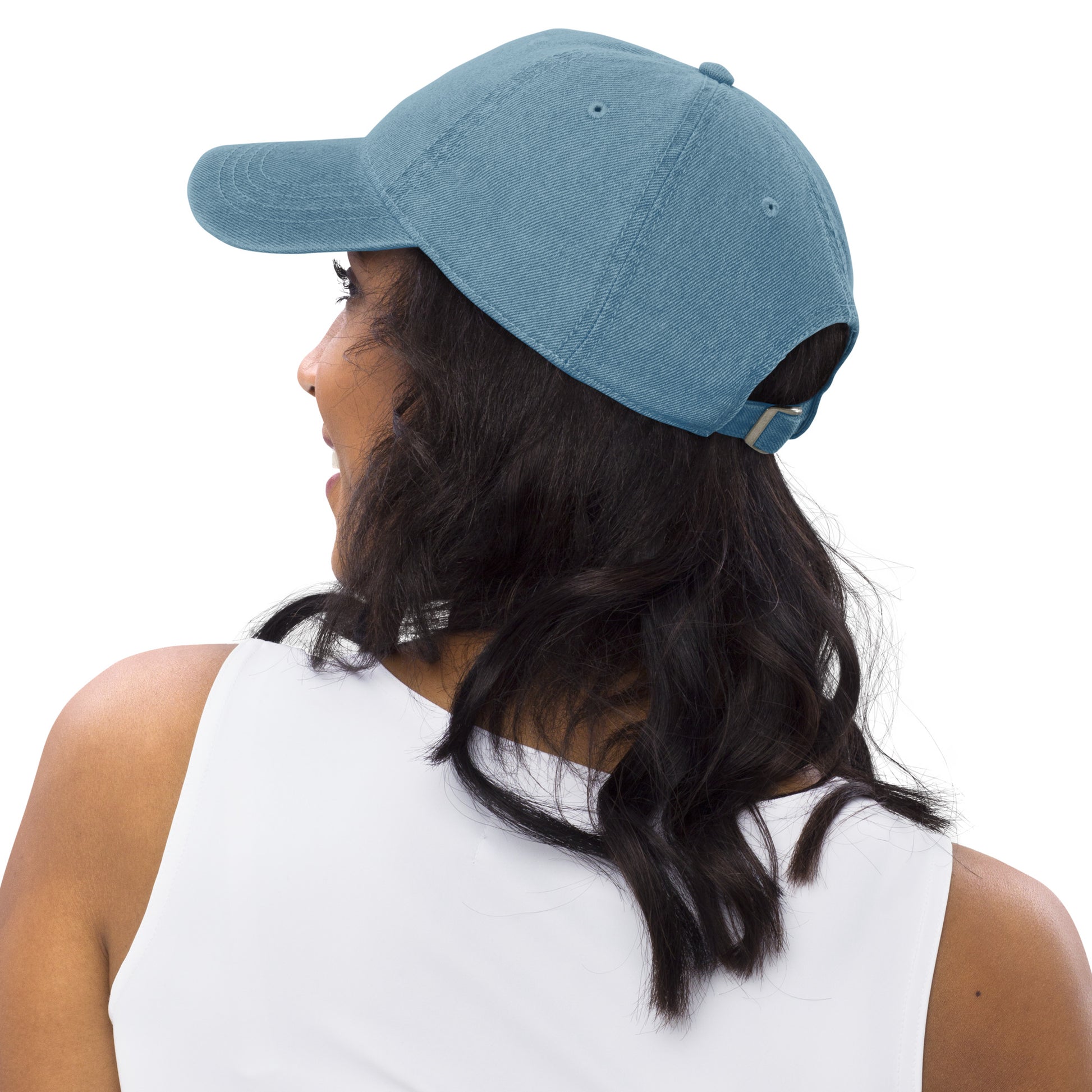 Capri denim cap with bold yellow lettering