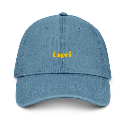 Capri denim cap with bold yellow lettering