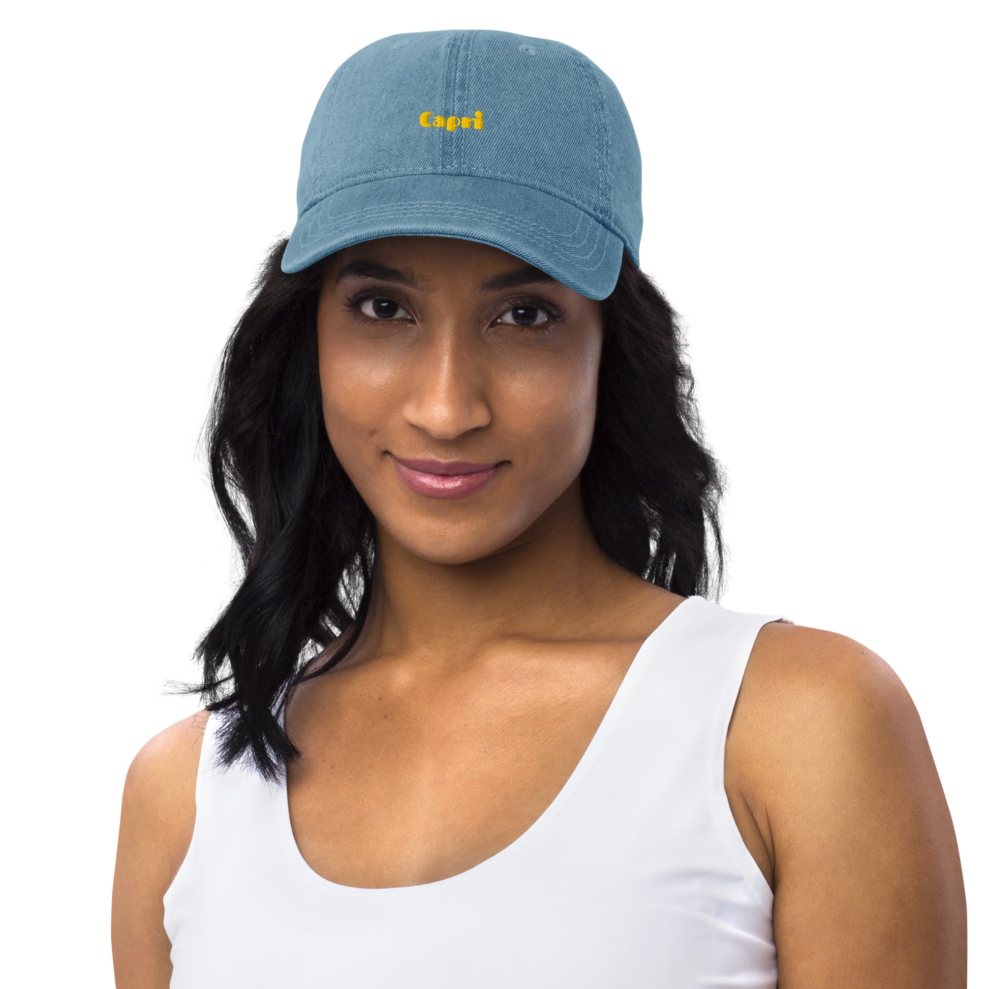 Capri denim cap with bold yellow lettering