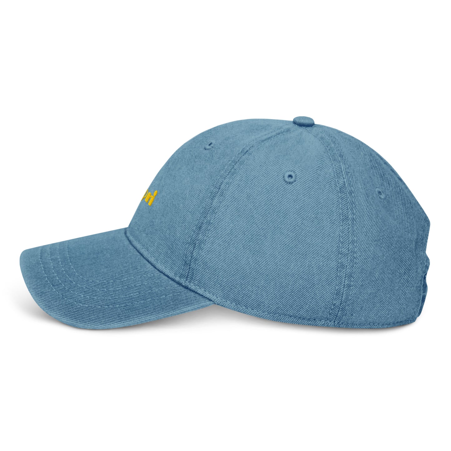Capri denim cap with bold yellow lettering