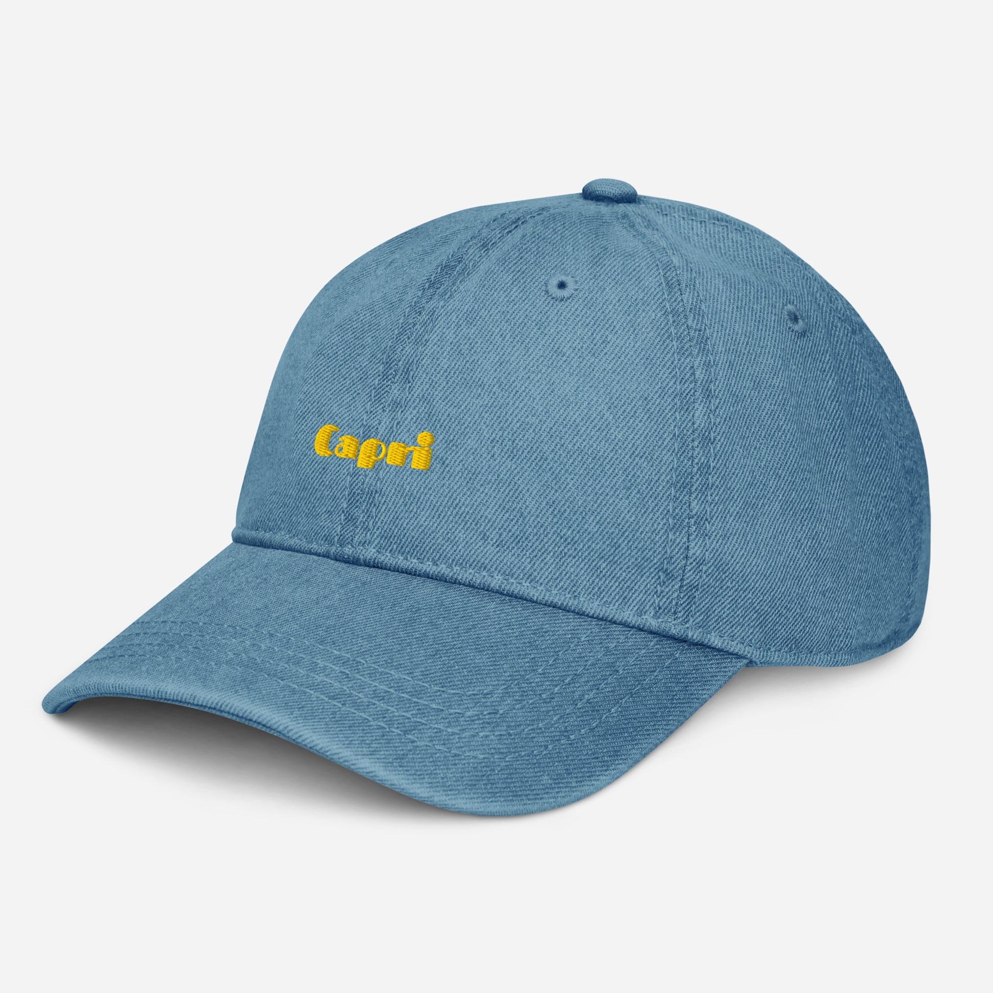 Capri denim cap with bold yellow lettering