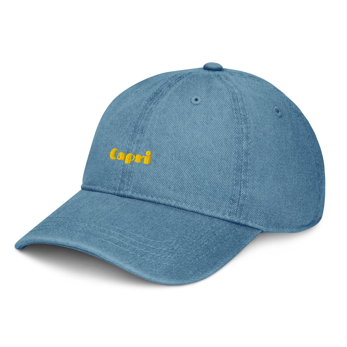Capri denim cap with bold yellow lettering