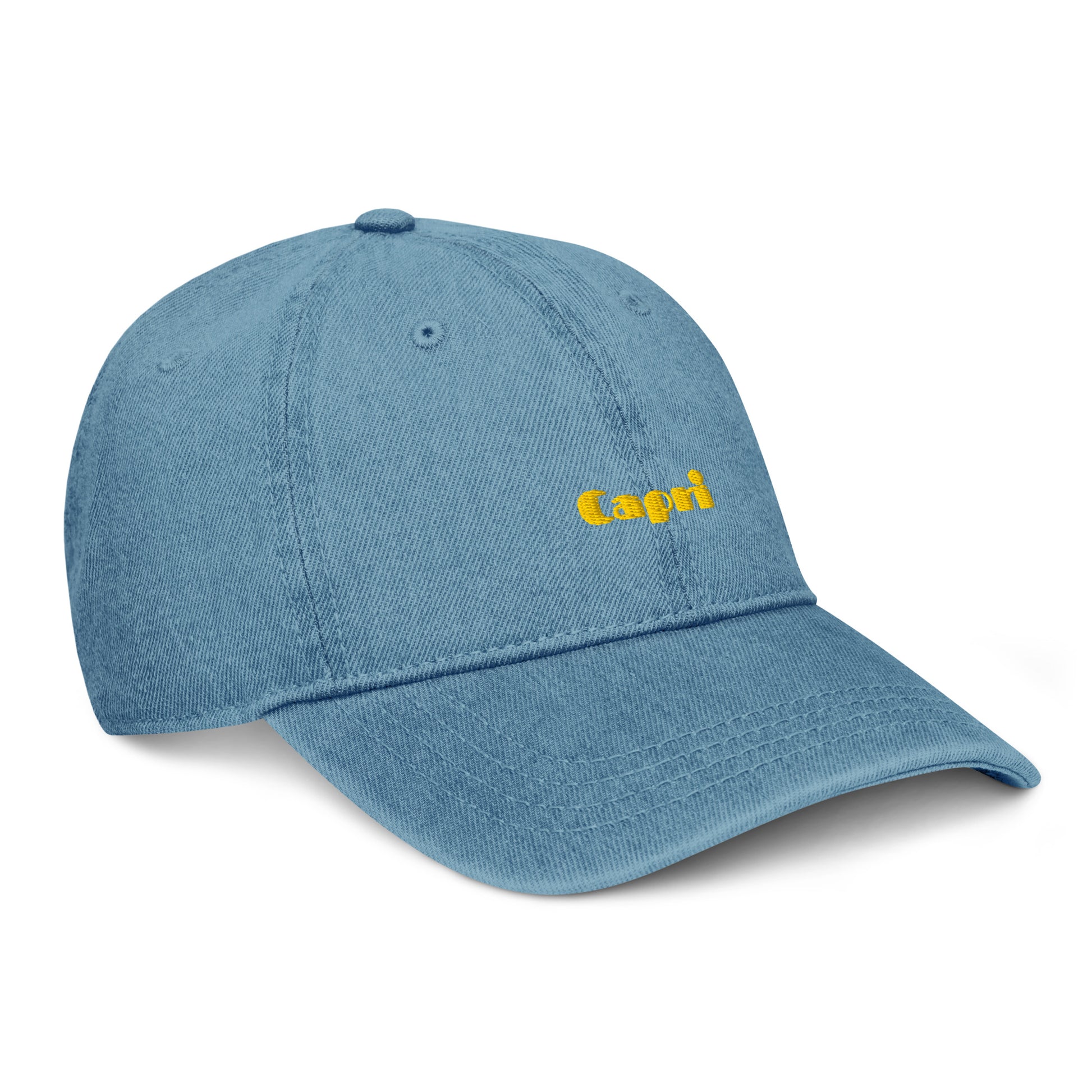 Capri denim cap with bold yellow lettering