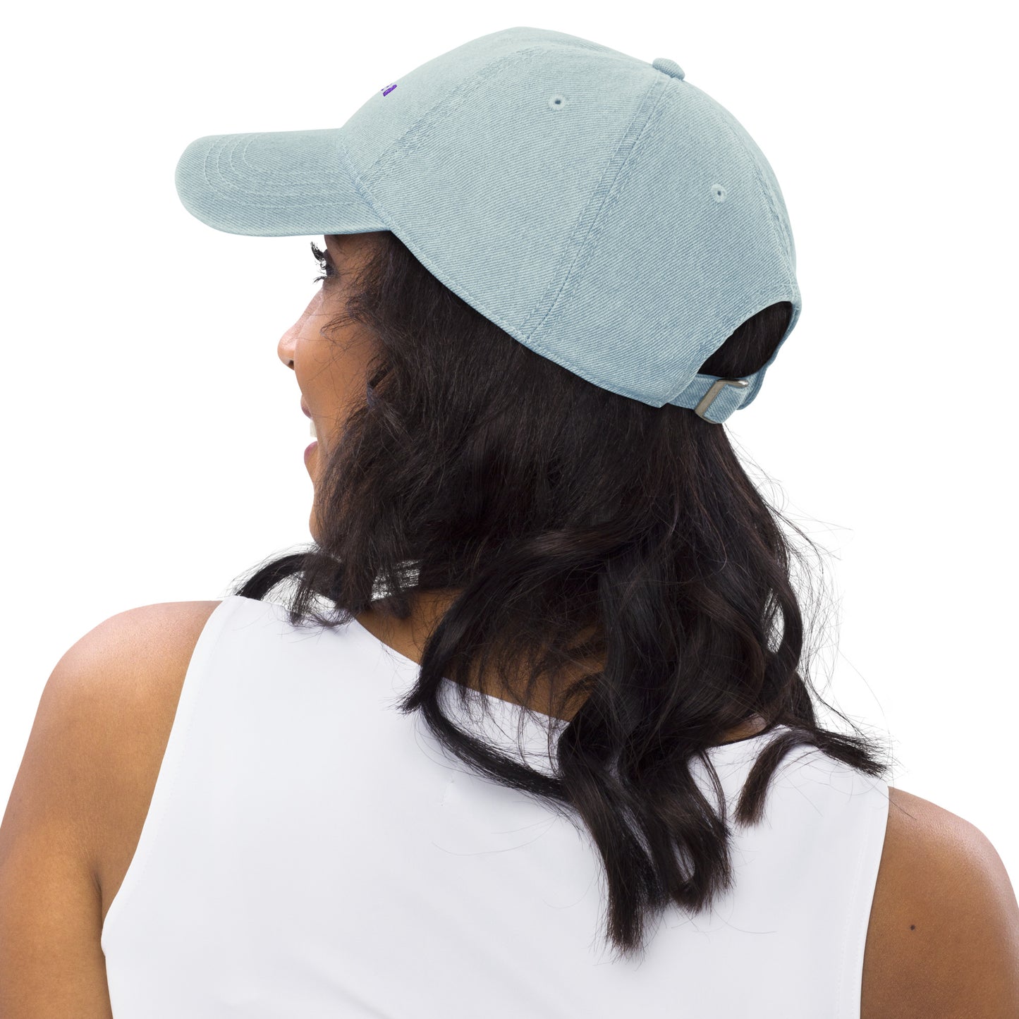 Panarea light denim cap with bold purple text
