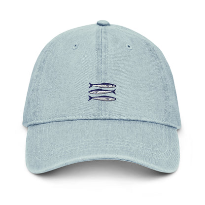 Sardines denim cap with bold embroidered sardines design