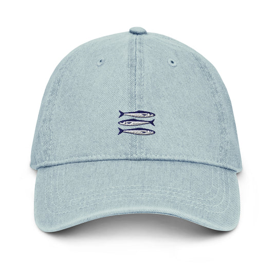 Sardines denim cap with bold embroidered sardines design