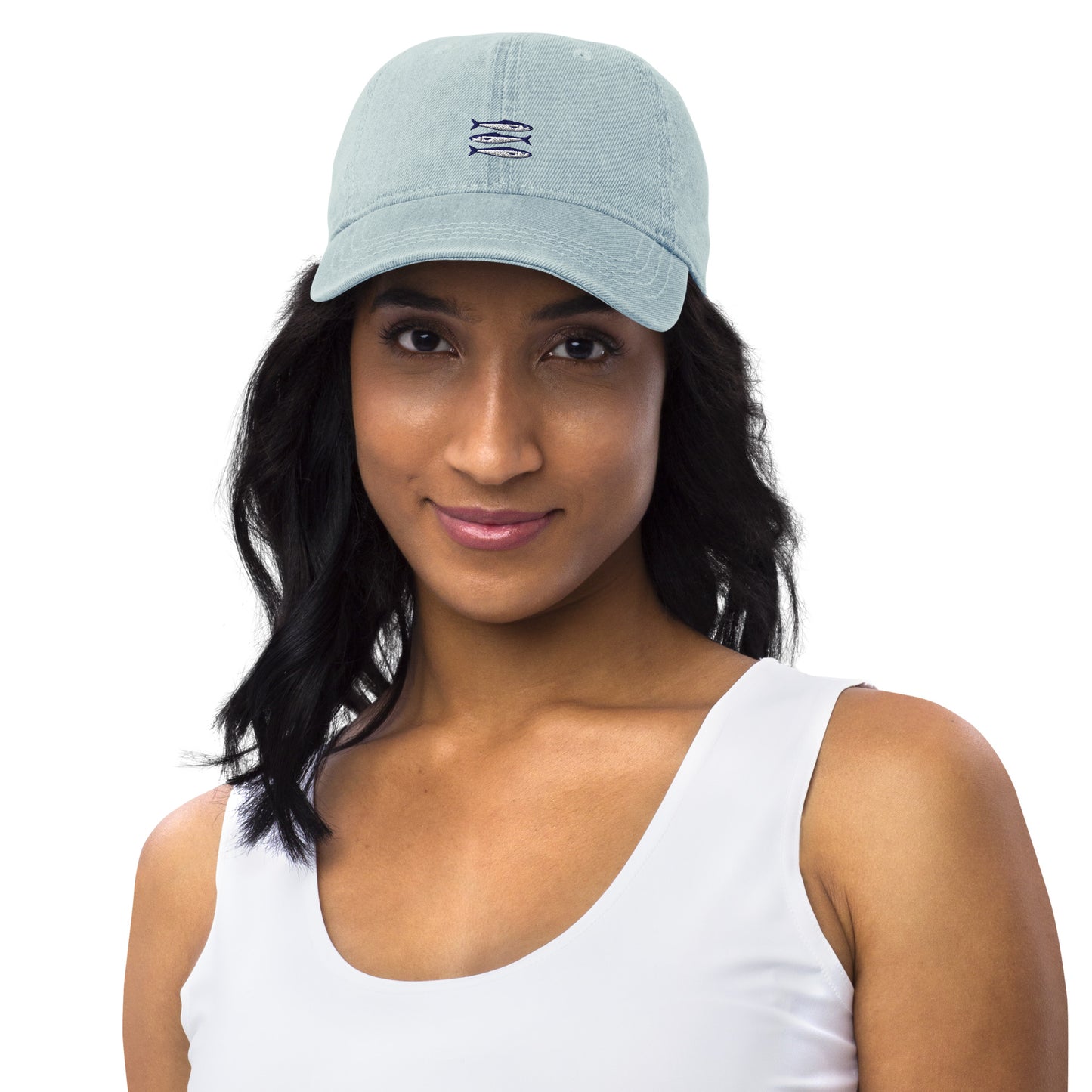 Sardines denim cap with bold embroidered sardines design