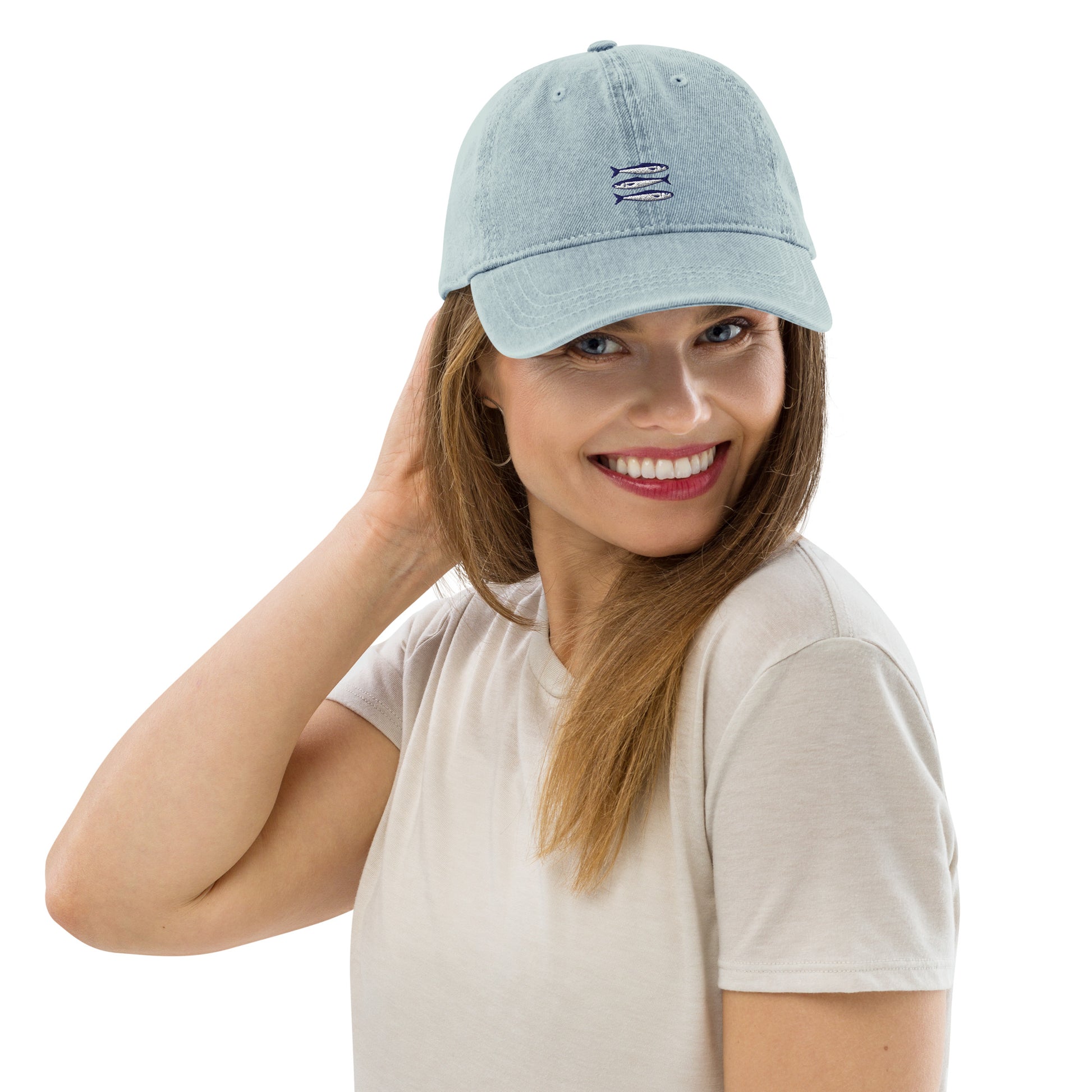 Sardines denim cap with bold embroidered sardines design