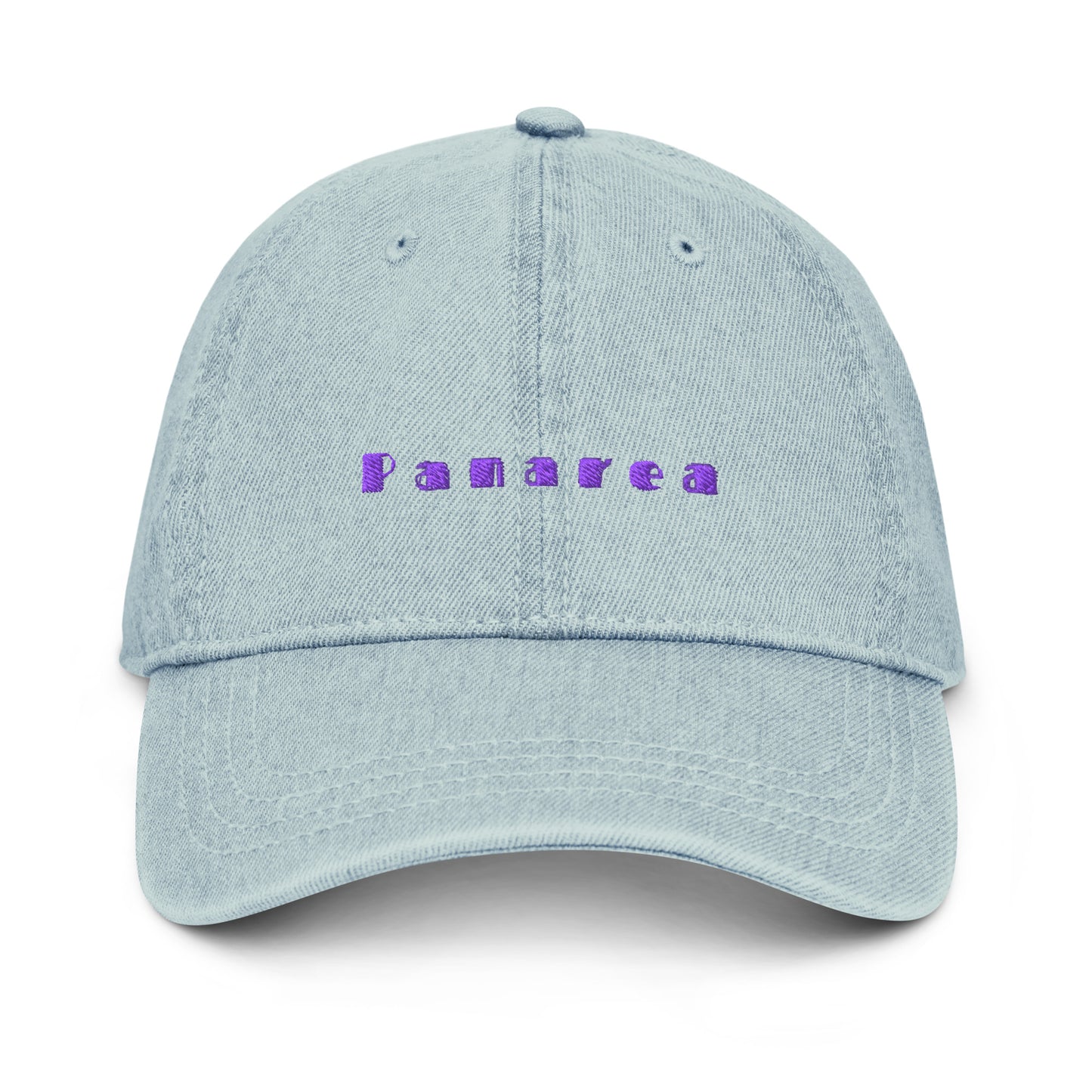 Panarea light denim cap with bold purple text