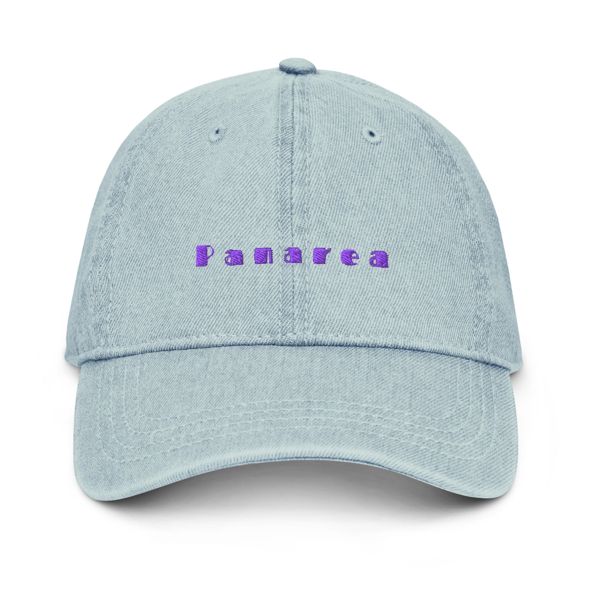 Panarea light denim cap with bold purple text
