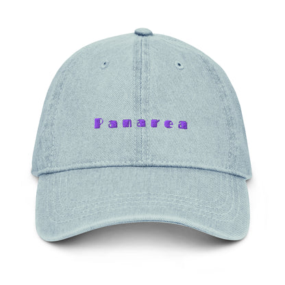 Panarea light denim cap with bold purple text
