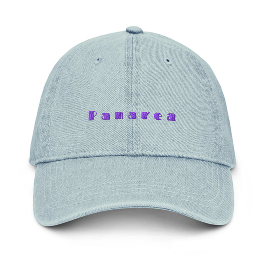 Panarea light denim cap with bold purple text