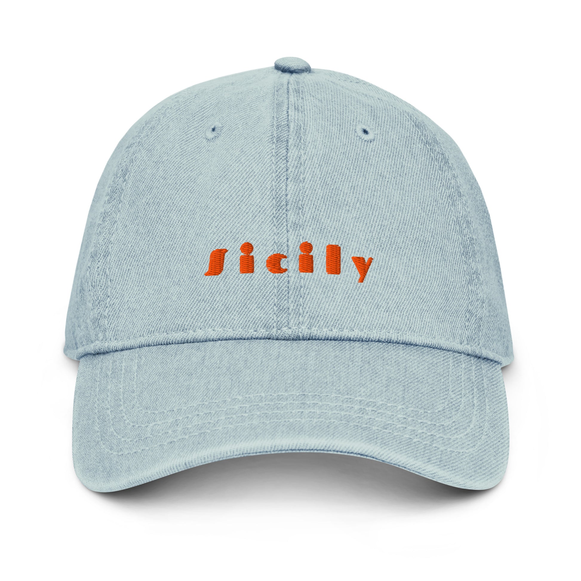 Sicily light denim cap with bold orange lettering