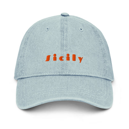 Sicily light denim cap with bold orange lettering