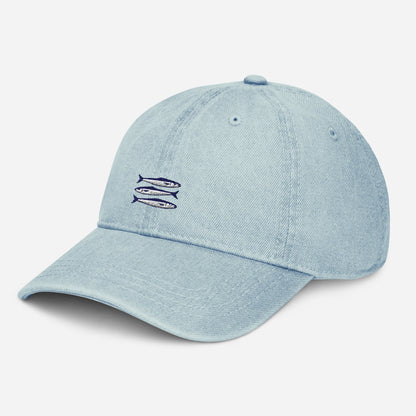 Sardines denim cap with bold embroidered sardines design