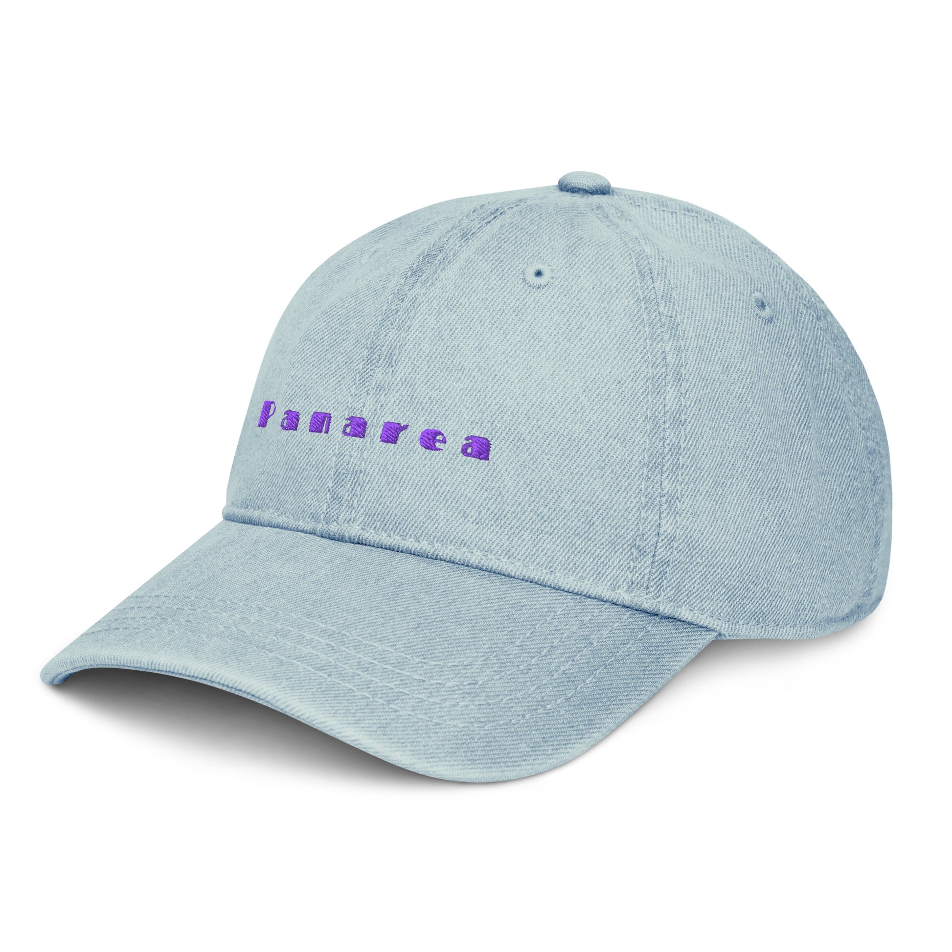 Panarea light denim cap with bold purple text