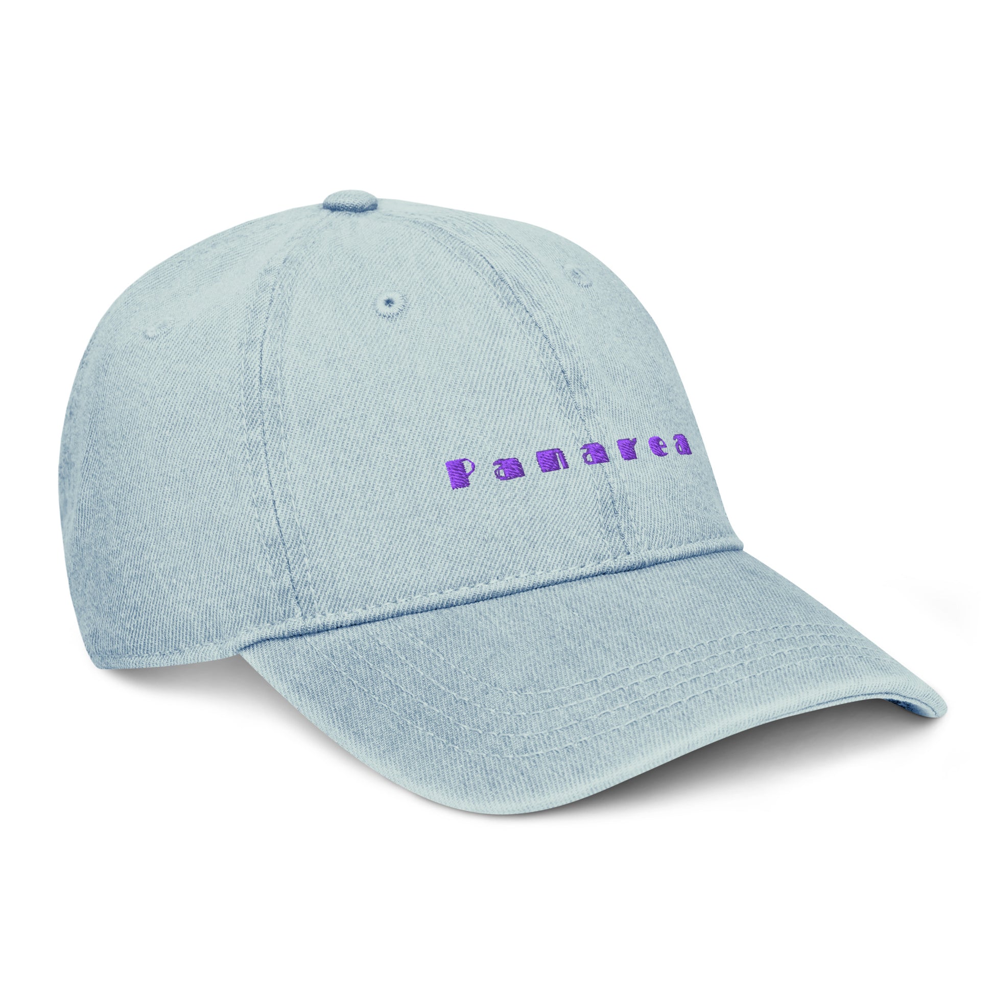 Panarea light denim cap with bold purple text