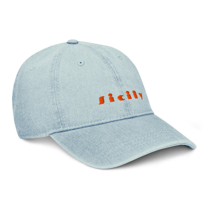 Sicily light denim cap with bold orange lettering