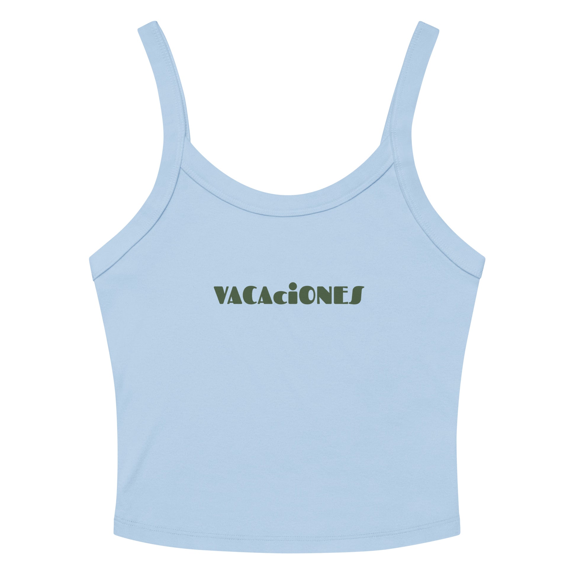 Women's light blue tank top with VACACIONES text - Summer vacation sleeveless shirt

