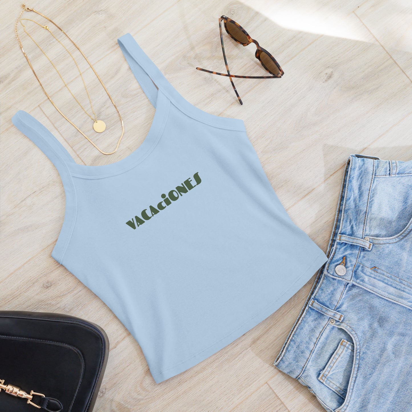 Women's light blue tank top with VACACIONES text - Summer vacation sleeveless shirt
