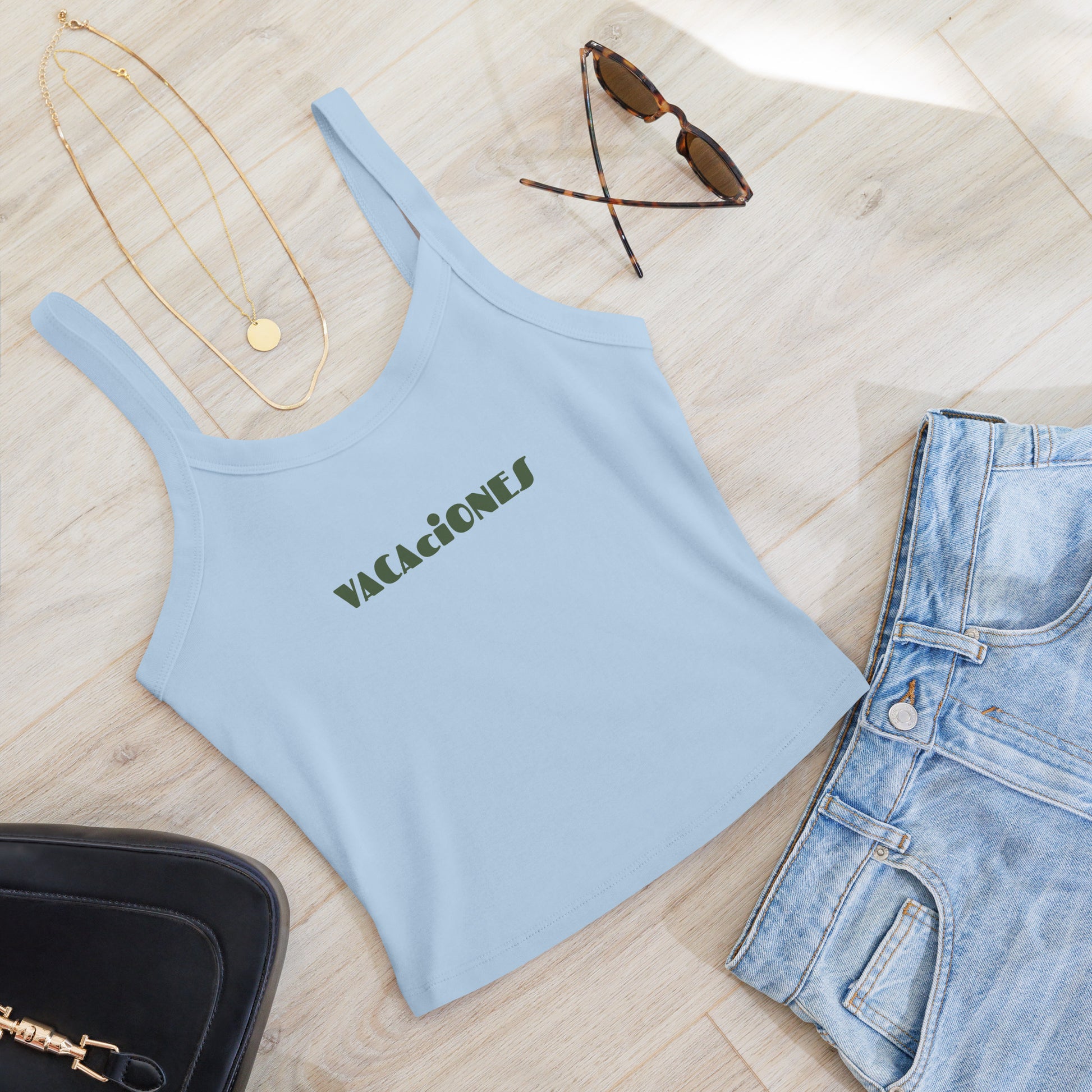 Women's light blue tank top with VACACIONES text - Summer vacation sleeveless shirt
