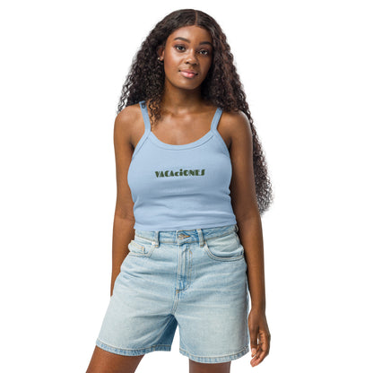 Women's light blue tank top with VACACIONES text - Summer vacation sleeveless shirt
