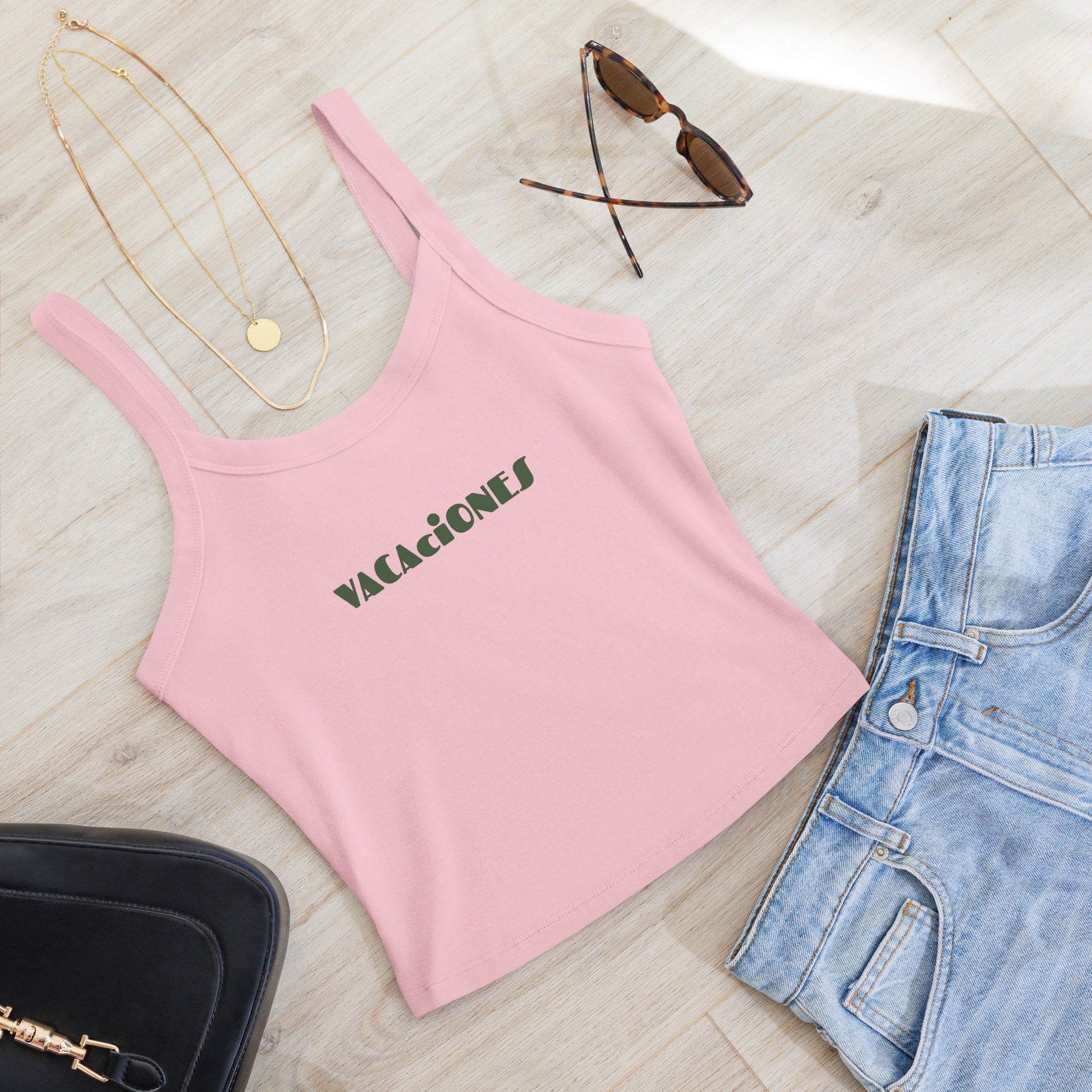 Women's pink tank top with VACACIONES text - Summer vacation sleeveless shirt
