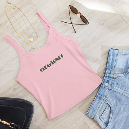 Women's pink tank top with VACACIONES text - Summer vacation sleeveless shirt
