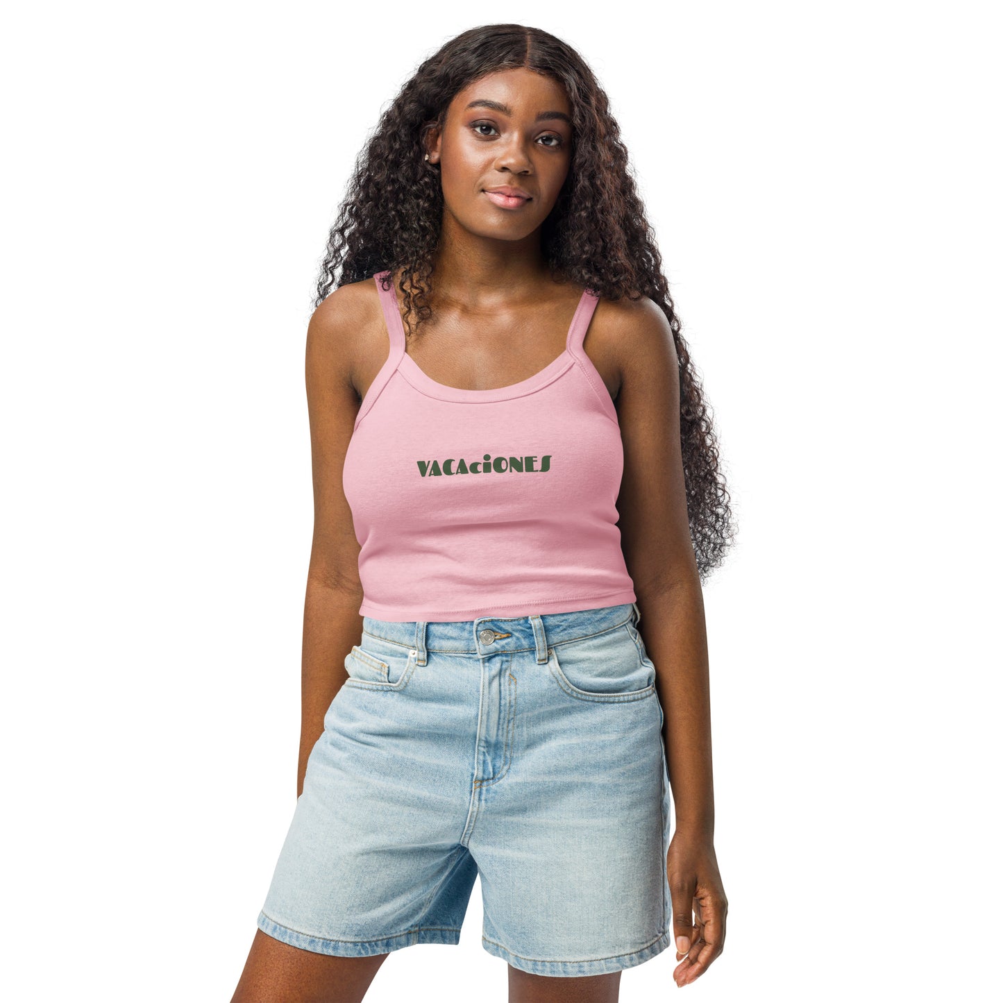 Women's pink tank top with VACACIONES text - Summer vacation sleeveless shirt
