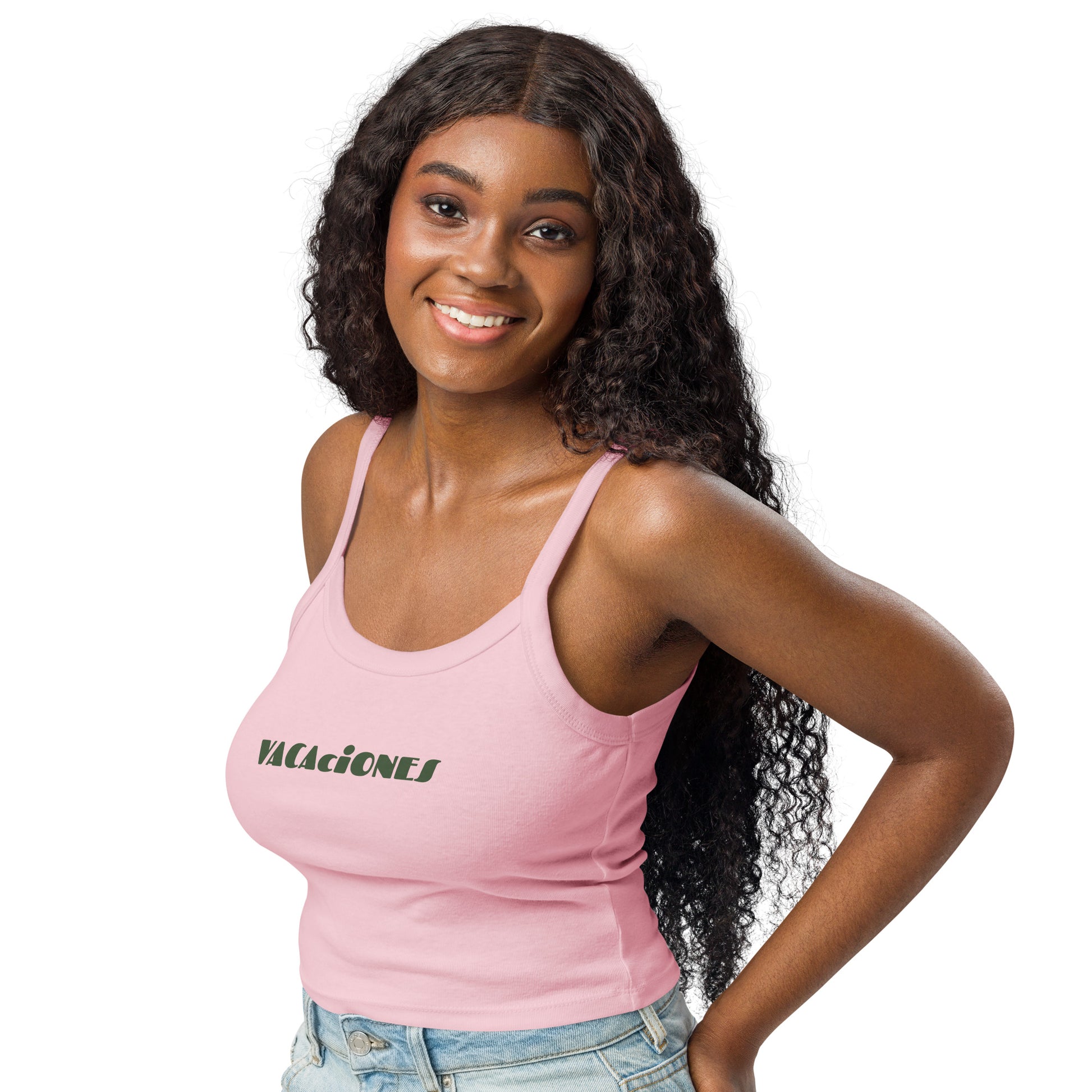 Women's pink tank top with VACACIONES text - Summer vacation sleeveless shirt
