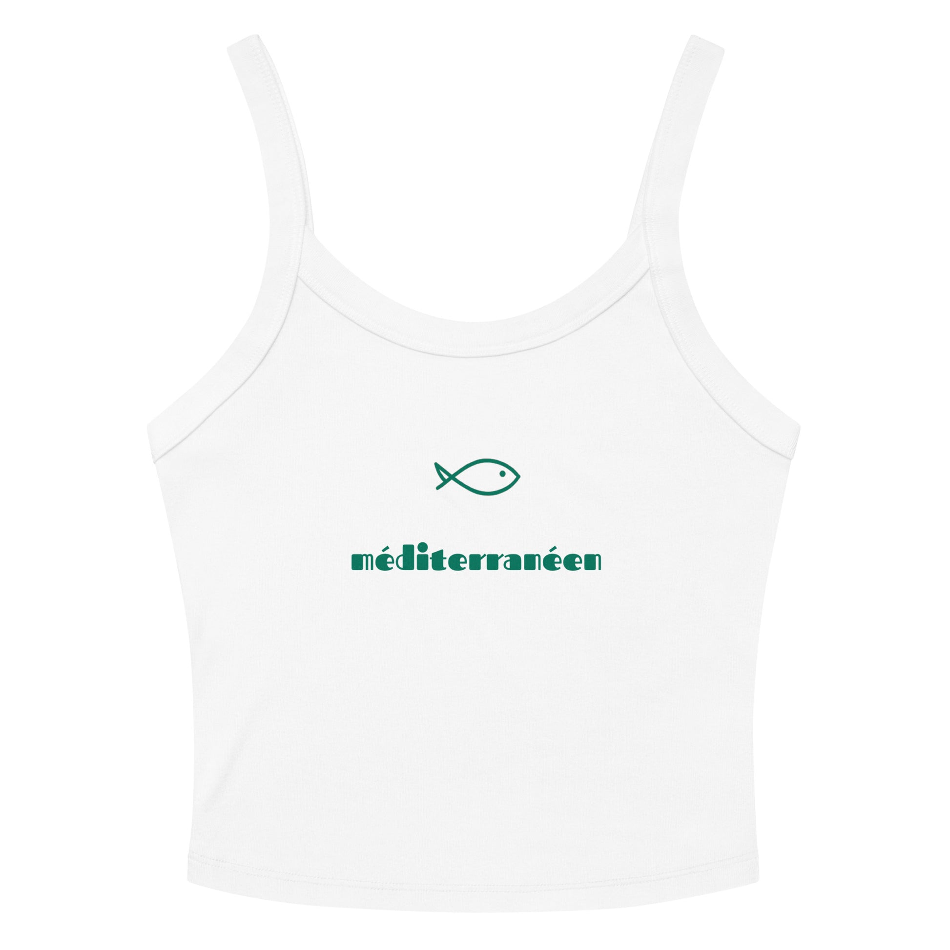 Women's white ribbed tank top with Mediterranean fish design and French lettering - Coastal style sleeveless shirt

