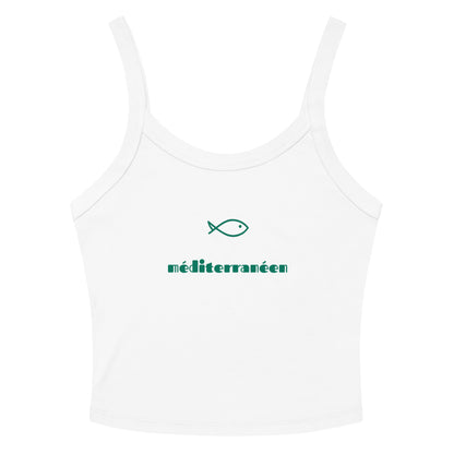 Women's white ribbed tank top with Mediterranean fish design and French lettering - Coastal style sleeveless shirt
