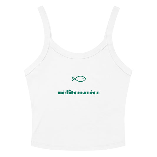 Women's white ribbed tank top with Mediterranean fish design and French lettering - Coastal style sleeveless shirt
