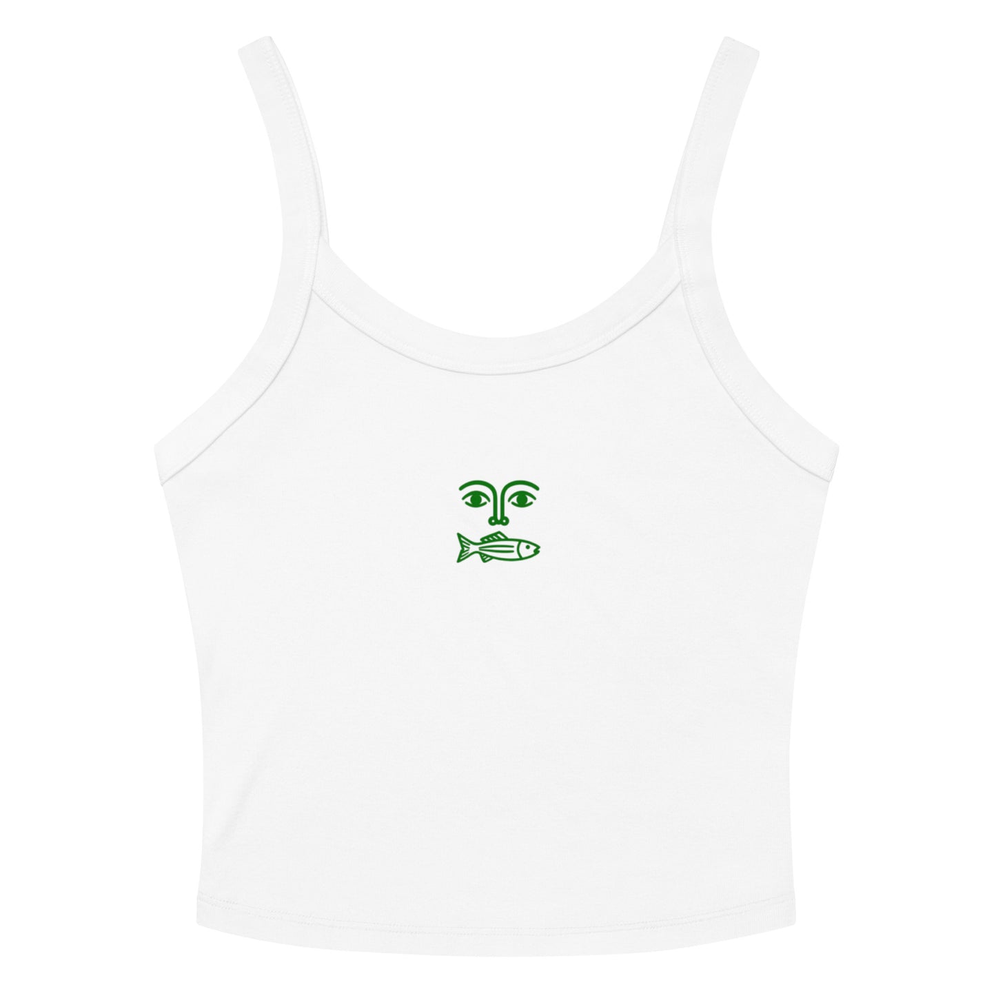 Women's white tank top with green fish face graphic - Minimal marine design sleeveless shirt
