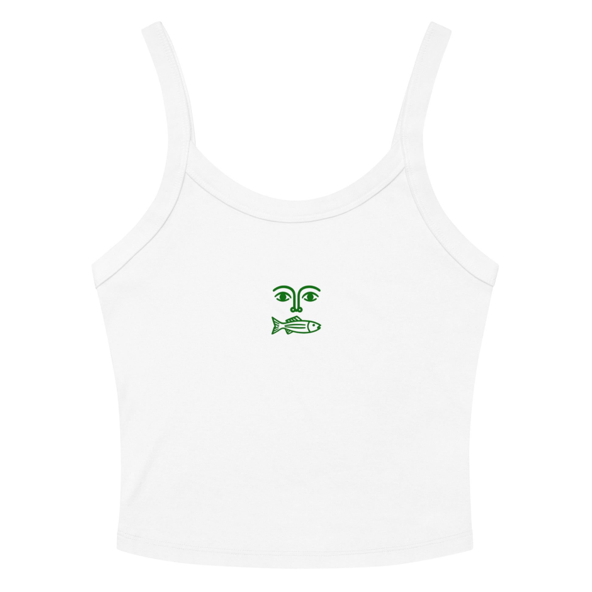 Women's white tank top with green fish face graphic - Minimal marine design sleeveless shirt
