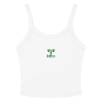 Women's white tank top with green fish face graphic - Minimal marine design sleeveless shirt
