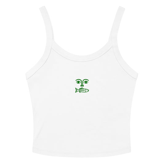 Women's white tank top with green fish face graphic - Minimal marine design sleeveless shirt

