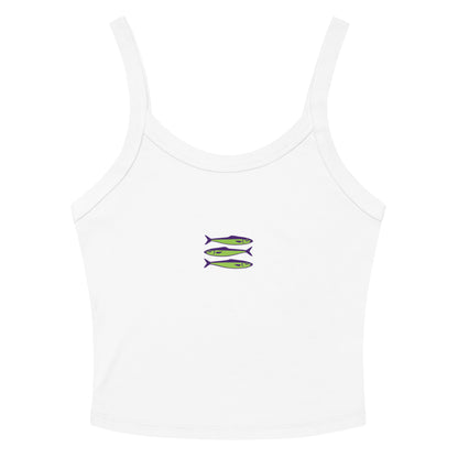 Women's white tank top with lilac and green sardine graphics - Summer sleeveless shirt
